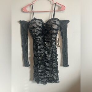 Size S Jella Couture Ruched Mesh Off Shoulder Sparkle Star Dress